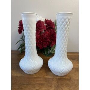 Vintage Milk Glass Vases Pair Quilted Diamond Pattern Mid-Century‎ Wedding Decor